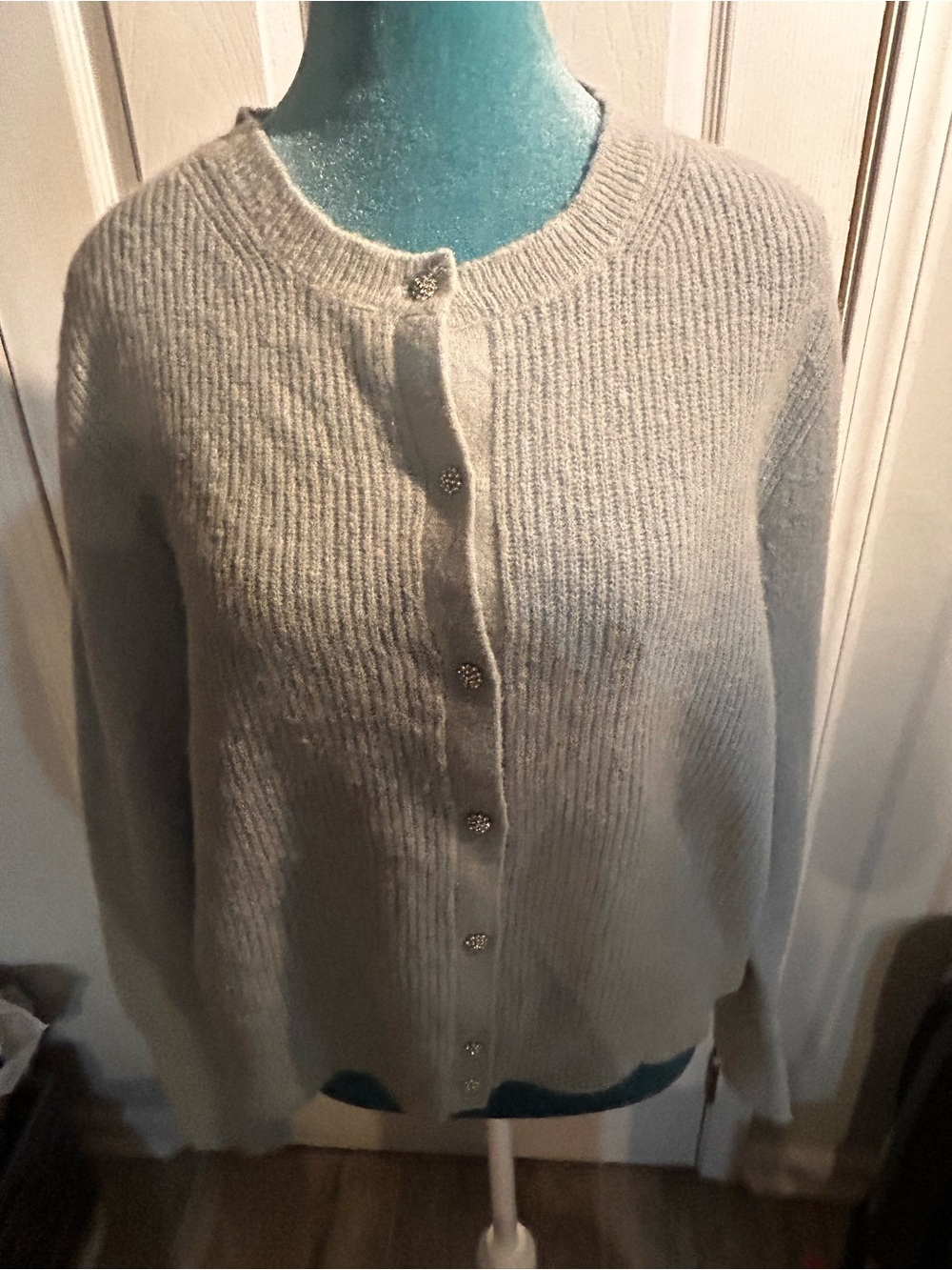 Boden Light Blue Ribbed Jewel-Button Cardigan